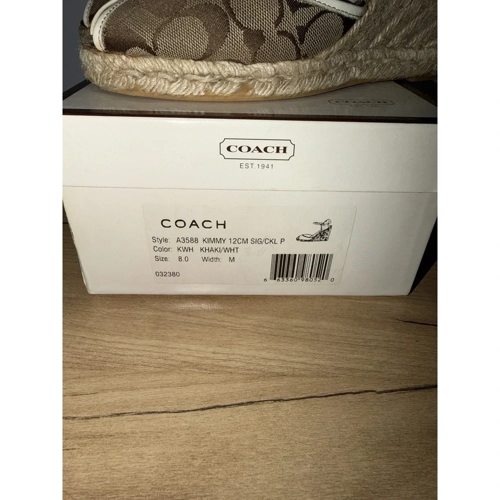 Coach Kimmy Wedge Sandals Khaki Gold Signature Size 8 Espadrille Straw Heels